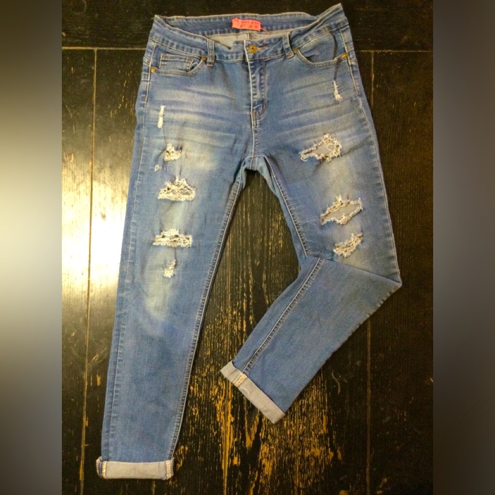 Medium blue ripped wax jeans
